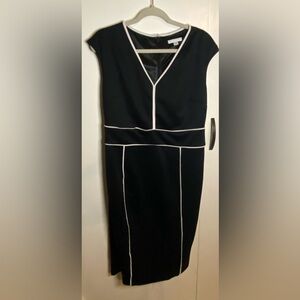 New York & Company Women’s Black Cap-Sleeve Piped Sheath Dress, *Magic Crepe*, L